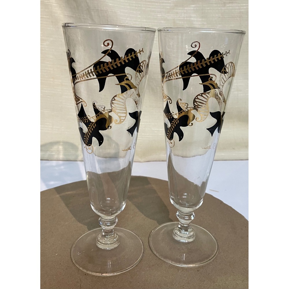 Meka Pilsner Glasses Set of 2 Clear Black Gold Excellent MCM Bird Barware